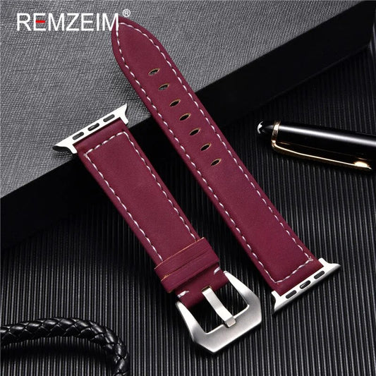 Majestic Stitch Elegance: Genuine Leather Apple Watch Band